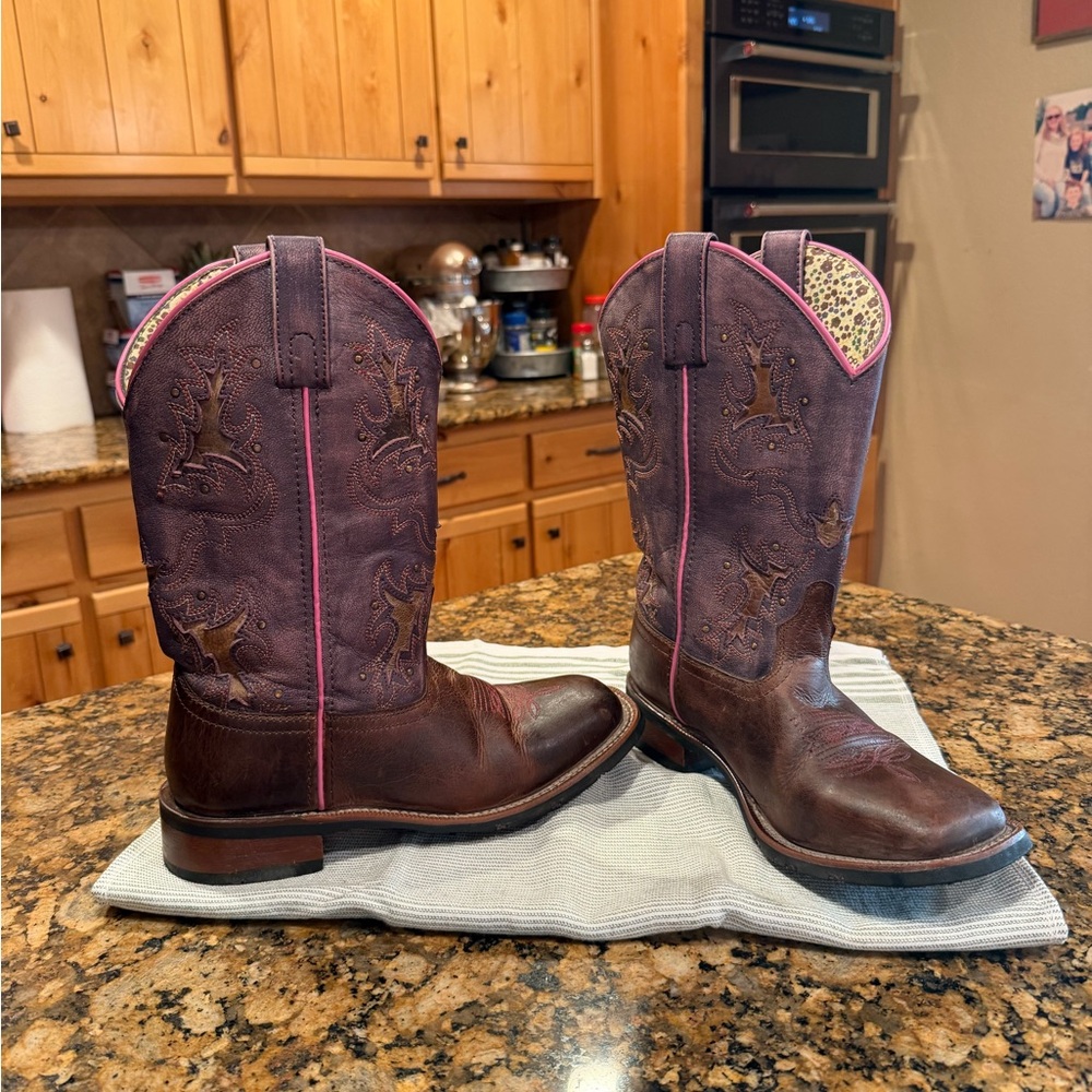Laredo Brown and Purple Women's Western Boots with Pink Trim